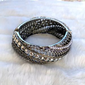 Silvertone Filigree Chunky Embellished Bangle Bracelet